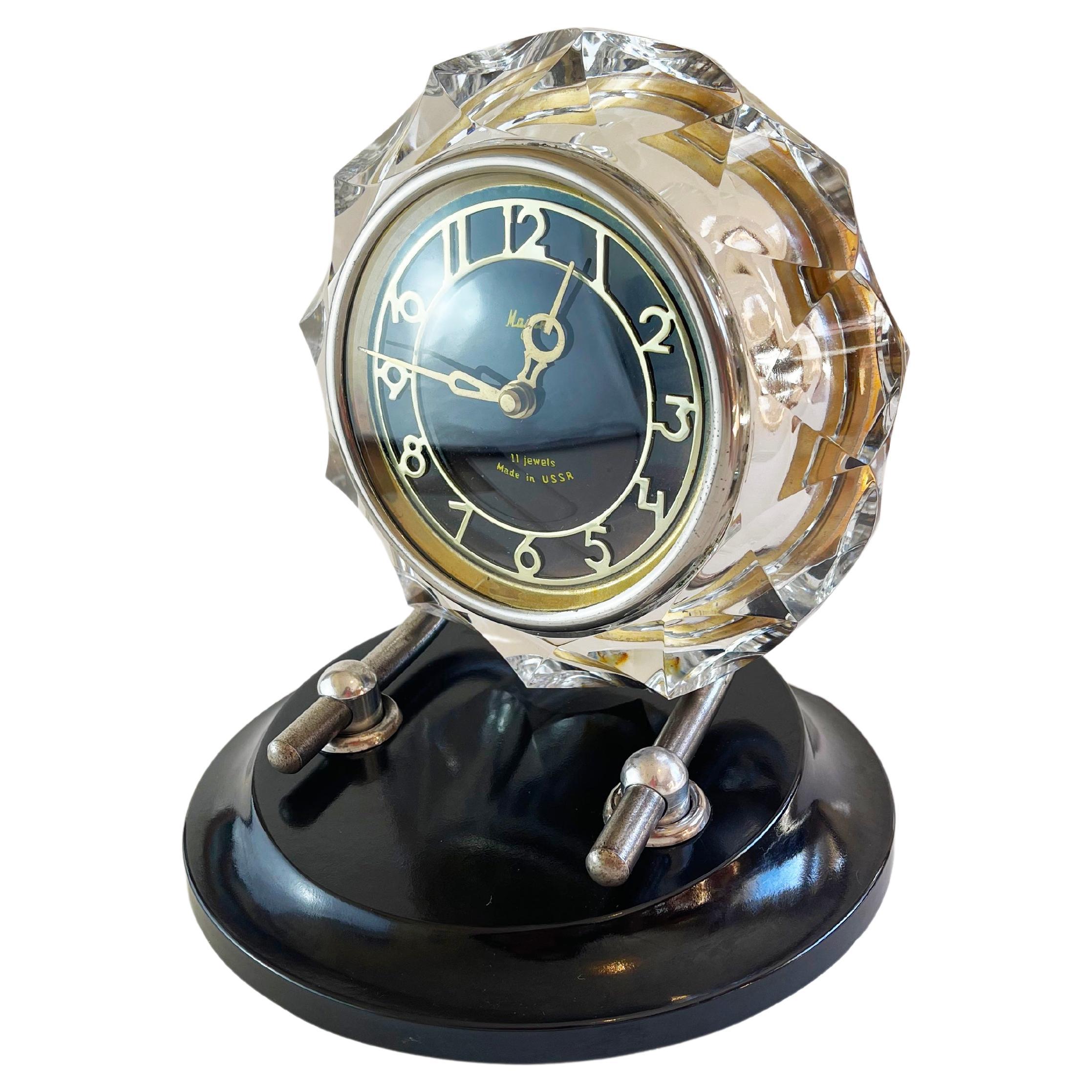 1950s Round Table Clock Art Deco Style, Cut Glass and Bakelite, by Majak For Sale