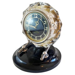 1950s Round Table Clock Art Deco Style, Cut Glass and Bakelite, by Majak