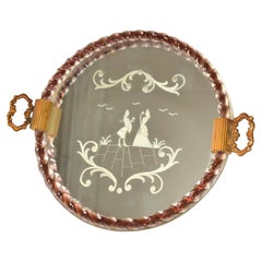 1950s Round Venetian Etched Rope Burgundy Art Glass Mirrored Tray Bronze Handles