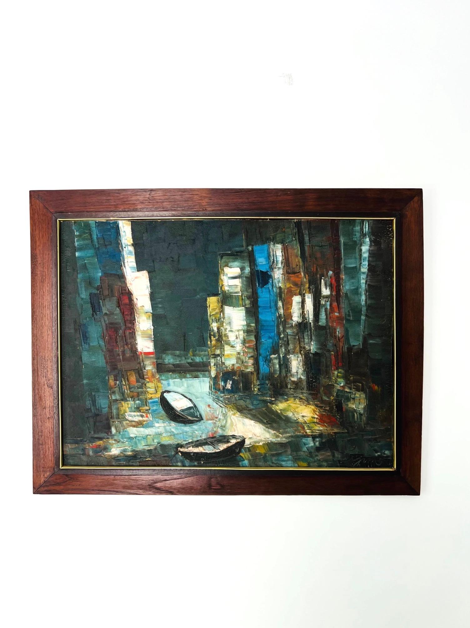 Peinture abstraite des années 1950 représentant des bateaux à voile dans un cadre en bois d'origine, huile sur carton en vente 3