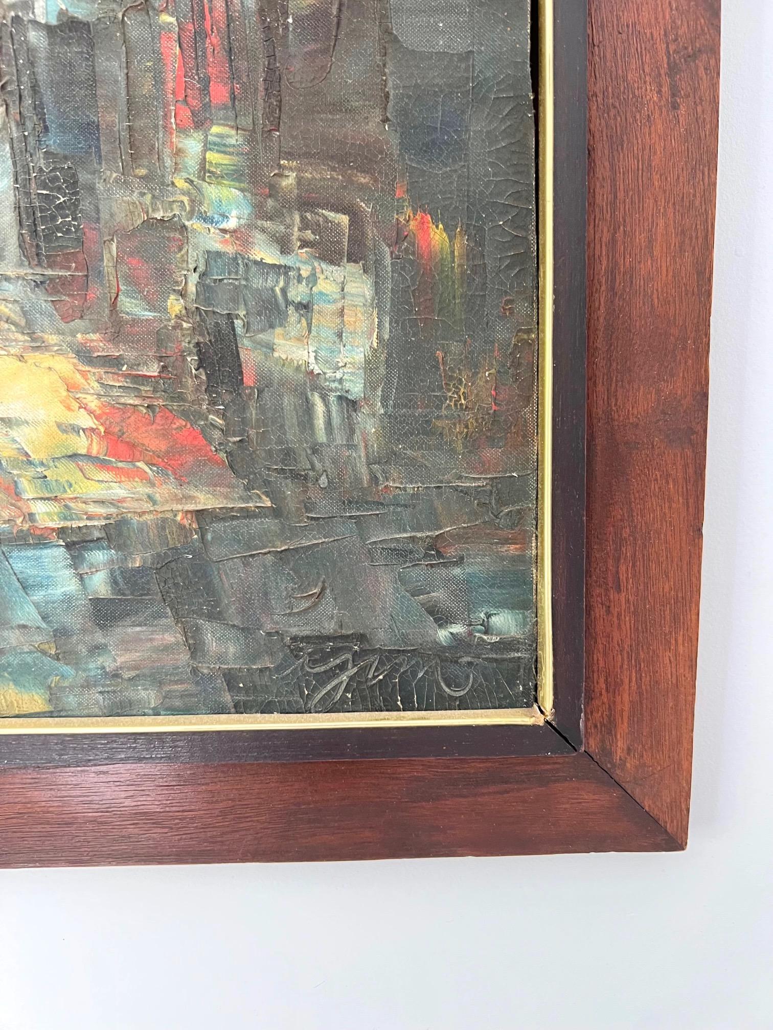 Peinture abstraite des années 1950 représentant des bateaux à voile dans un cadre en bois d'origine, huile sur carton en vente 4