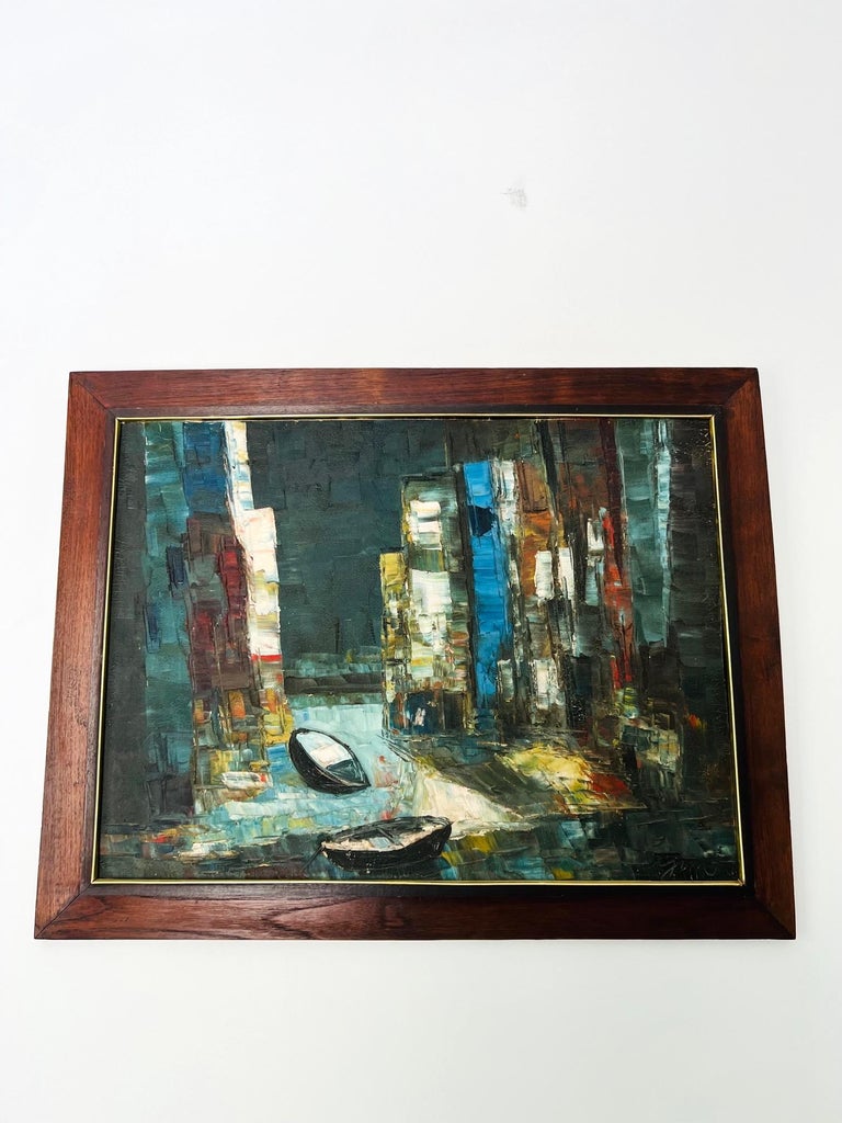 Vintage oil on board abstract painting featuring rowboats amongst structural and architectural figures. Illegible artist's signature on the lower right hand corner. In original wood frame with floating gilded brass detail, and with new paper