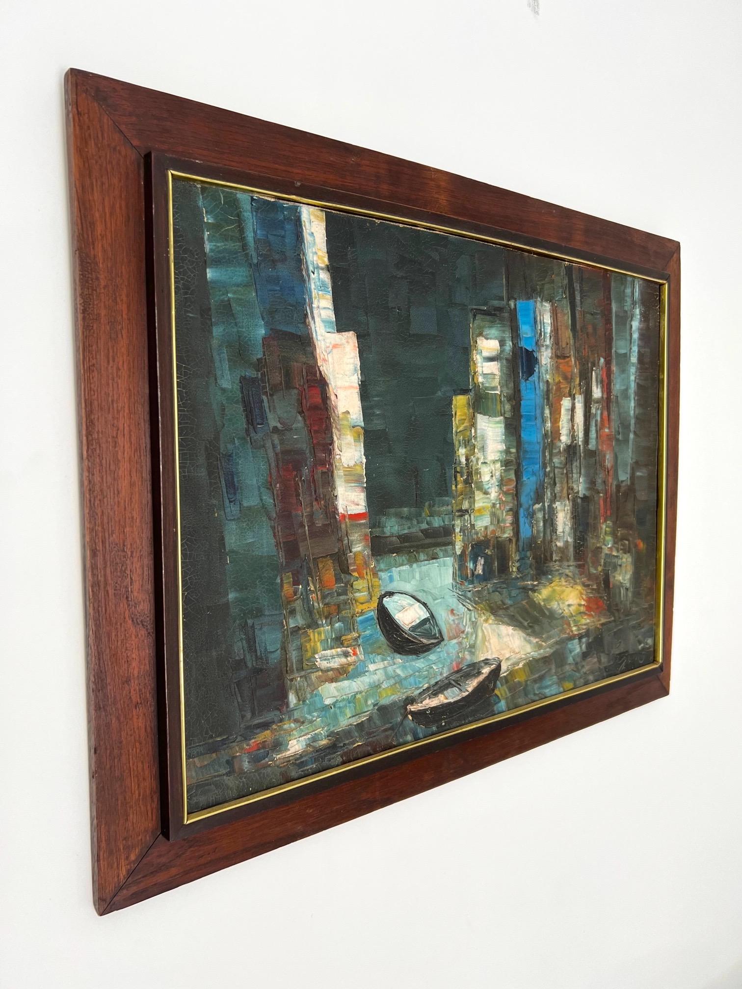 Mid-Century Modern Abstract Painting in Original Wood Frame, Rowboats Oil on Board, c. 1950s For Sale