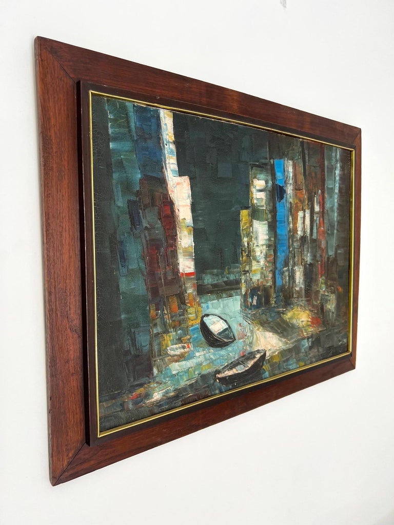 Mid-Century Modern 1950's Rowboats Abstract Painting in Original Wood Frame, Oil on Board For Sale