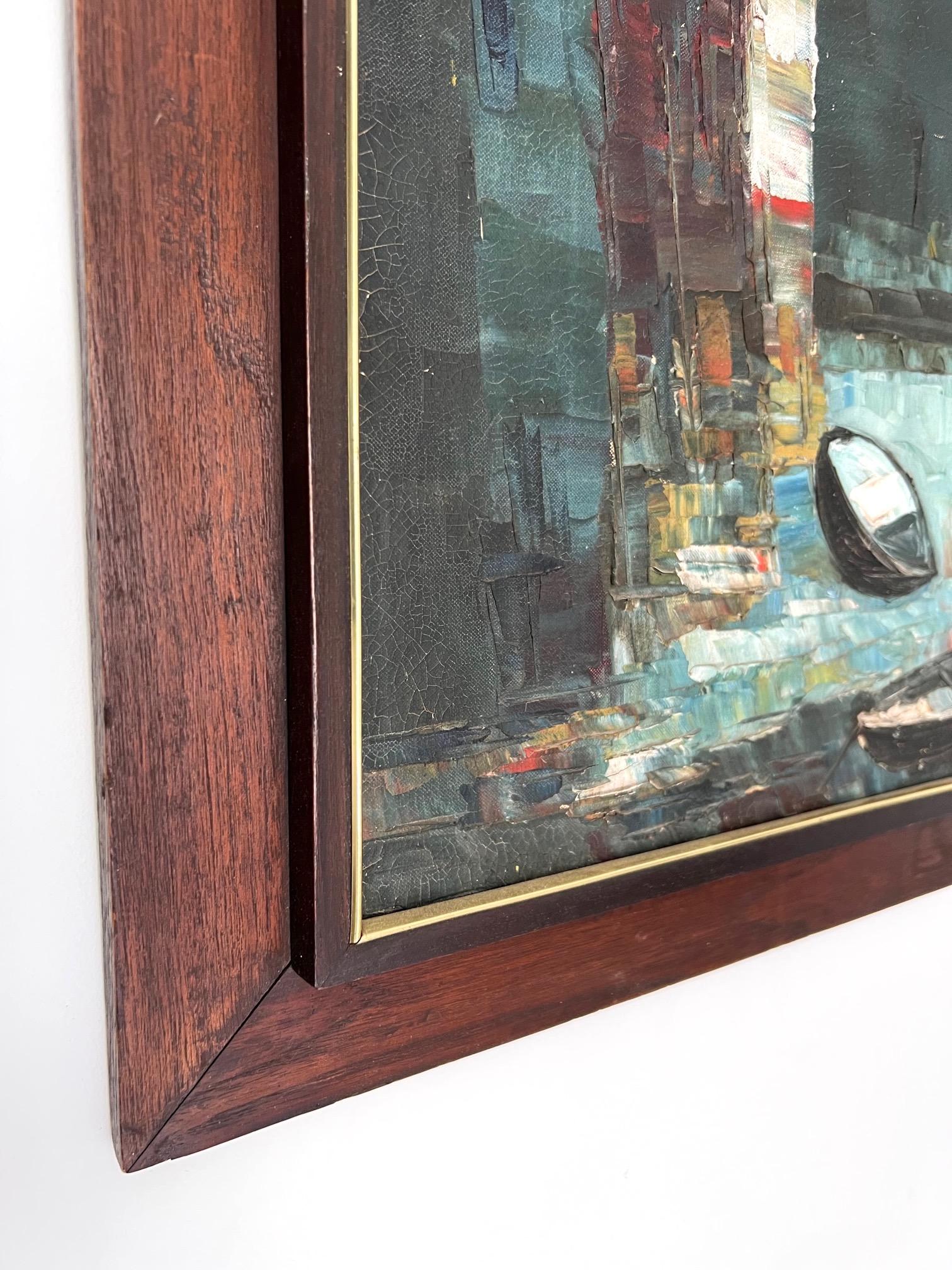 Américain Peinture abstraite des années 1950 représentant des bateaux à voile dans un cadre en bois d'origine, huile sur carton en vente