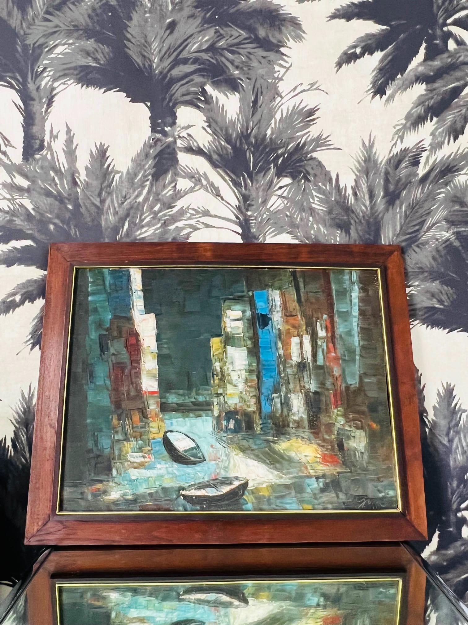 Fait main Peinture abstraite des années 1950 représentant des bateaux à voile dans un cadre en bois d'origine, huile sur carton en vente