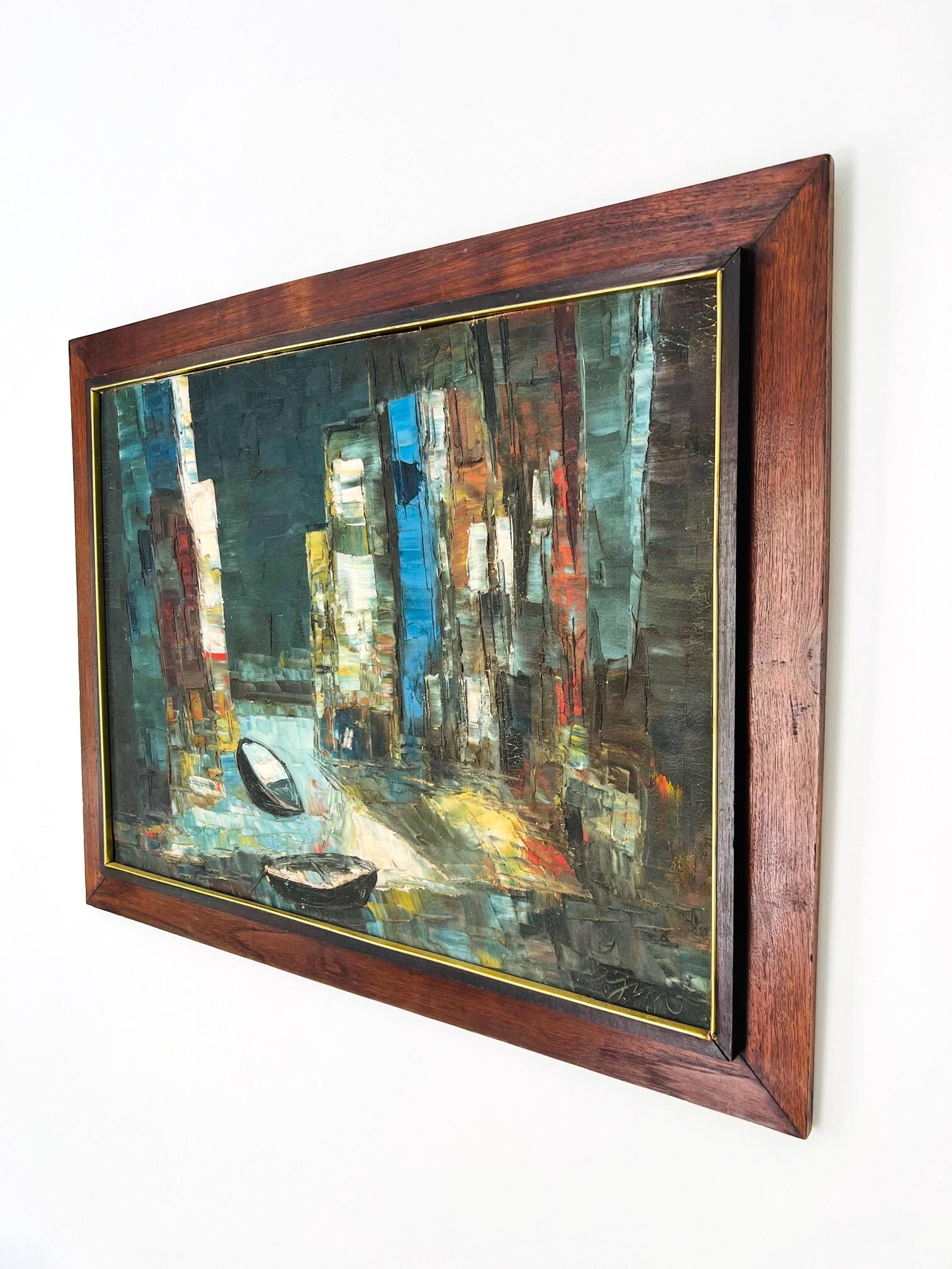 Abstract Painting in Original Wood Frame, Rowboats Oil on Board, c. 1950s In Good Condition For Sale In Fort Lauderdale, FL