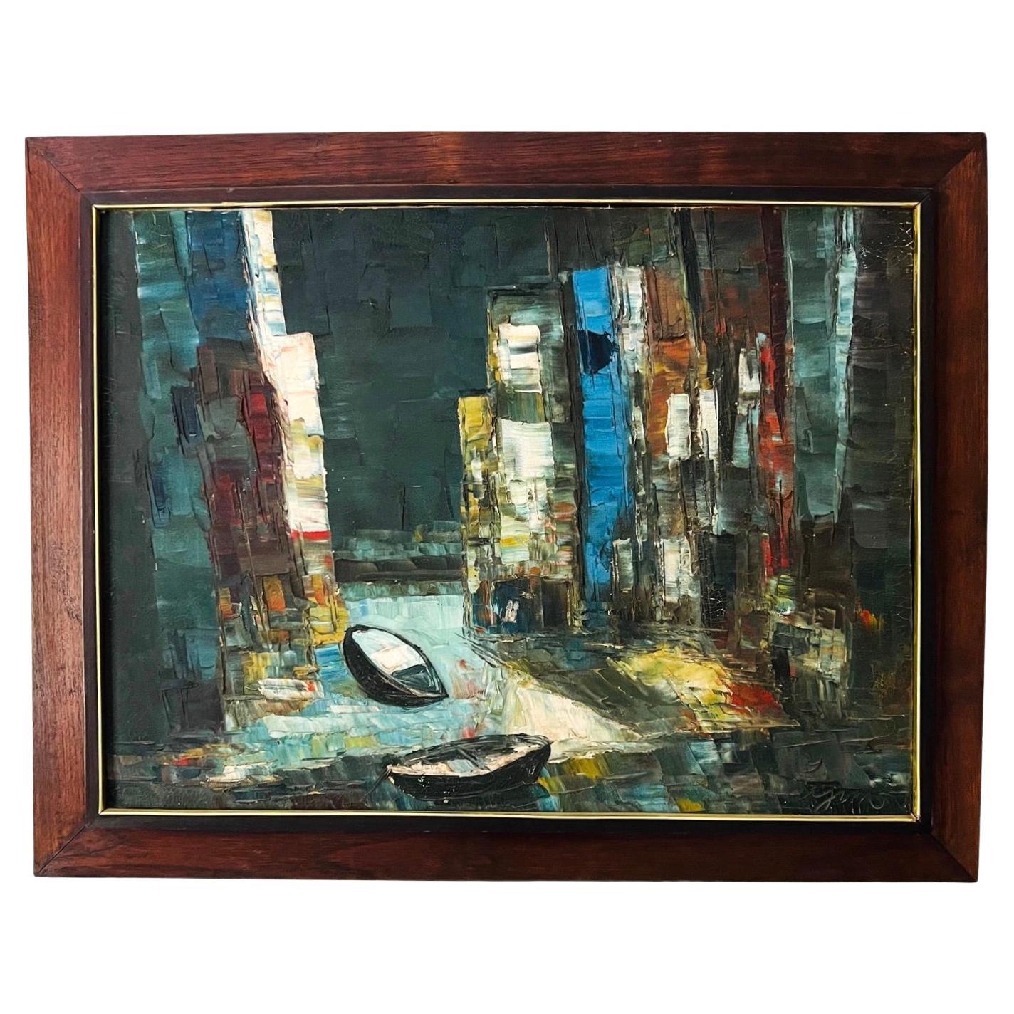 Abstract Painting in Original Wood Frame, Rowboats Oil on Board, c. 1950s