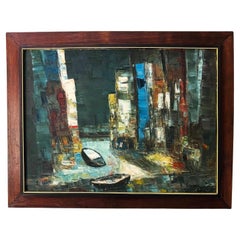 Vintage 1950's Rowboats Abstract Painting in Original Wood Frame, Oil on Board