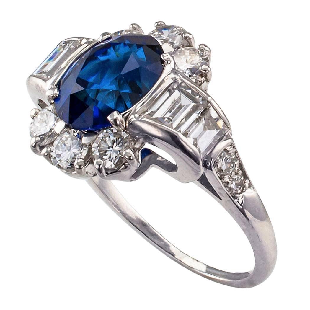 Modern 1950s Royal Blue Sapphire Diamond Platinum Ring