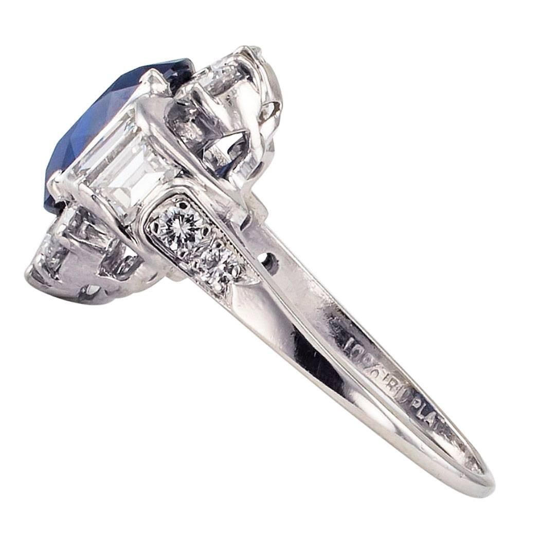 Oval Cut 1950s Royal Blue Sapphire Diamond Platinum Ring