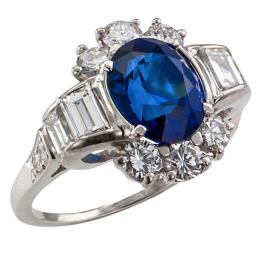 1950s Royal Blue Sapphire Diamond Platinum Ring