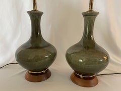 1950's Royal Haeger Pair of Olive Green Crackle Glaze Bottle Lamps