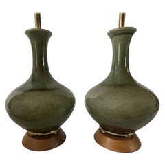 1950's Royal Haeger Pair of Olive Green Crackle Glaze Bottle Lamps