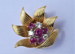 1950s Rubies Diamonds 14 Karat Yellow Gold Preformed Parts Co Flower Earrings