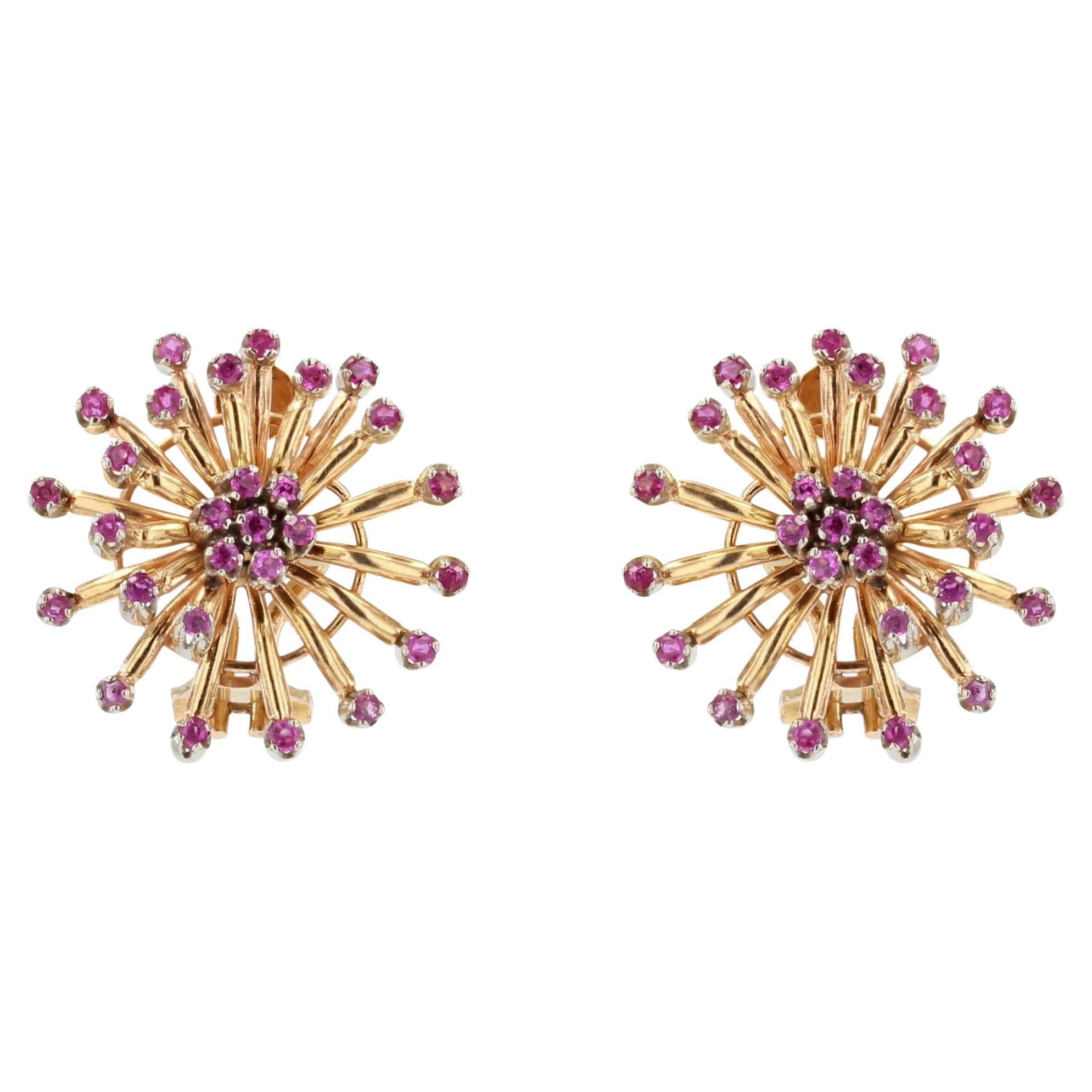Pendientes Flor de Rubí de los años 50 en oro amarillo de 18 quilates
