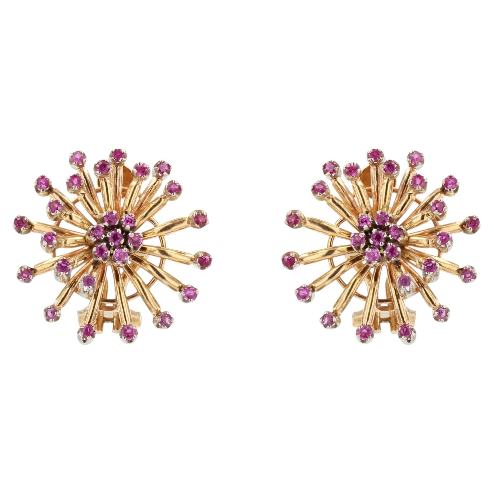 Pendientes Flor de Rubí de los años 50 en oro amarillo de 18 quilates