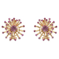 1950s Ruby 18 Karat Yellow Gold Flower Earrings