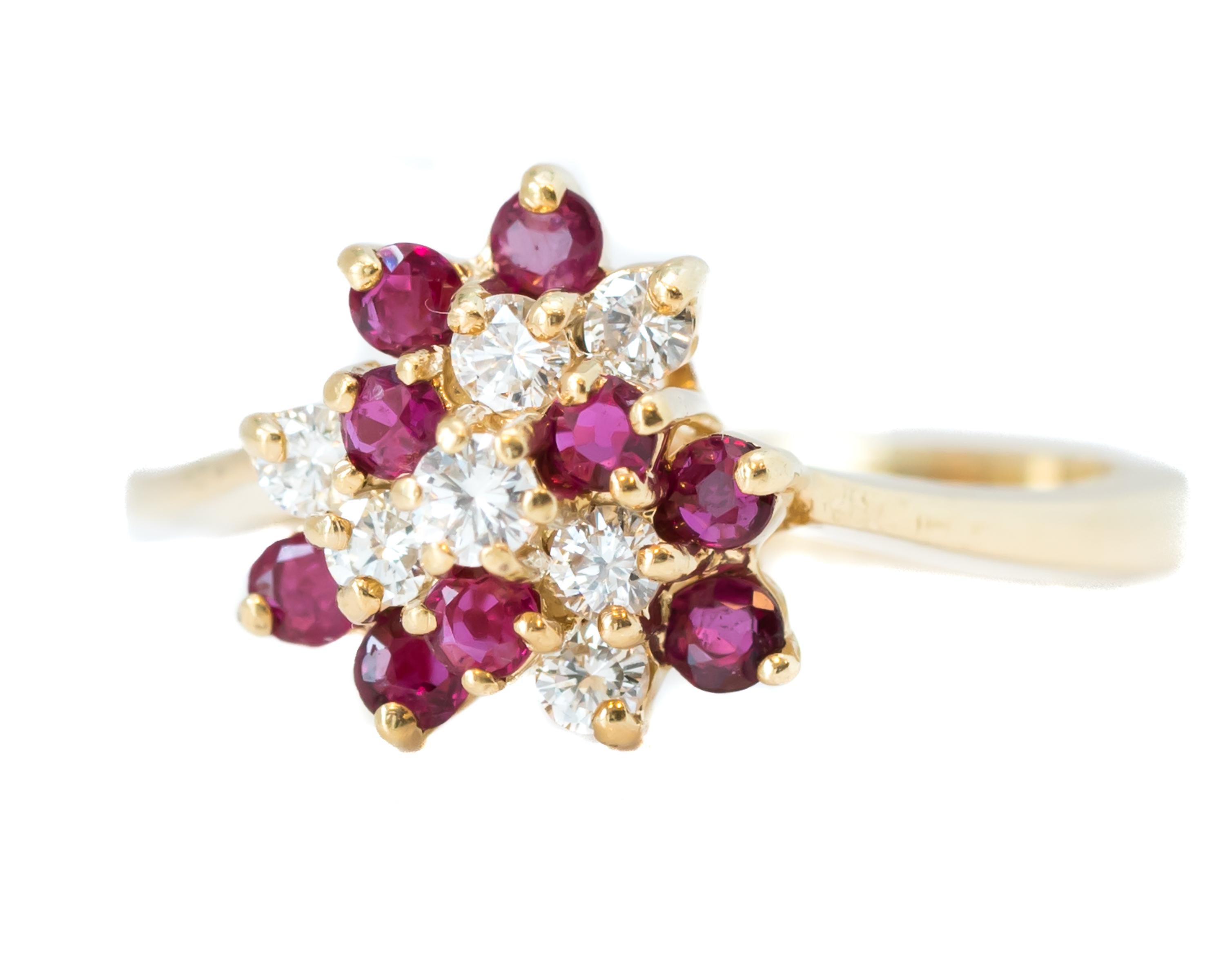 Features:
0.25 carat Rubies and 0.25 carat Diamonds
All diamonds and rubies are prong set
Beautiful 14 karat Yellow Gold Tiered cluster setting

Ring Details:
Size: 6, can be resized
Metal: 14 karat Yellow Gold
Weight: 2.7 grams
Hallmark:
