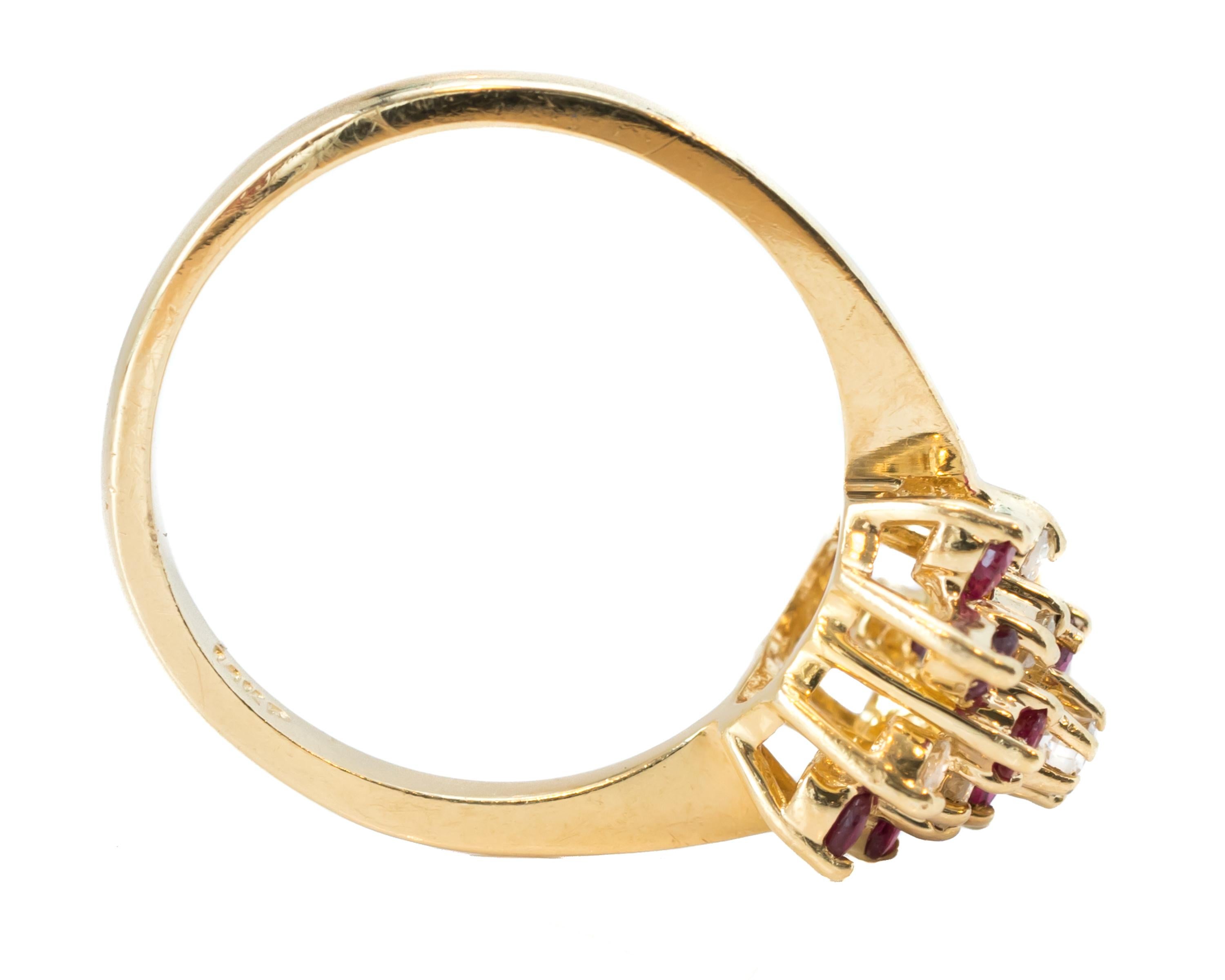 Retro 1950s Ruby and Diamond Cluster 14 Karat Yellow Gold Ring