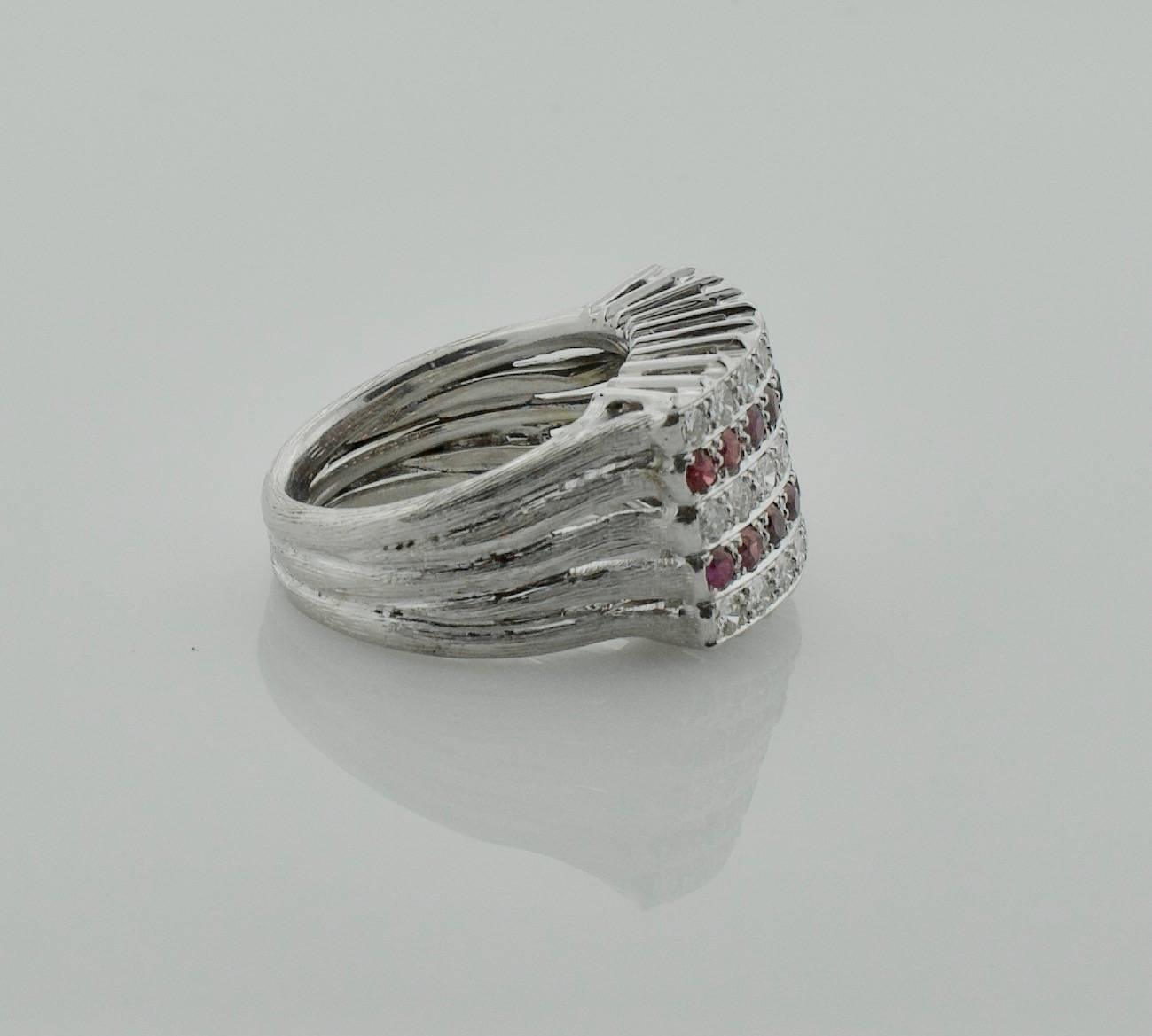 Round Cut 1950s Ruby and Diamond Five-Row Ring in White Gold