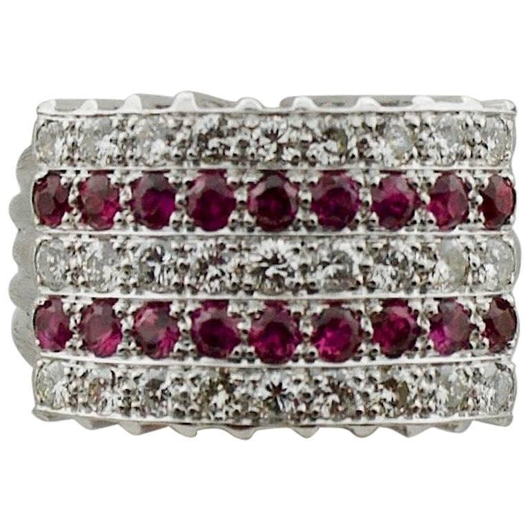 1950s Ruby and Diamond Five-Row Ring in White Gold