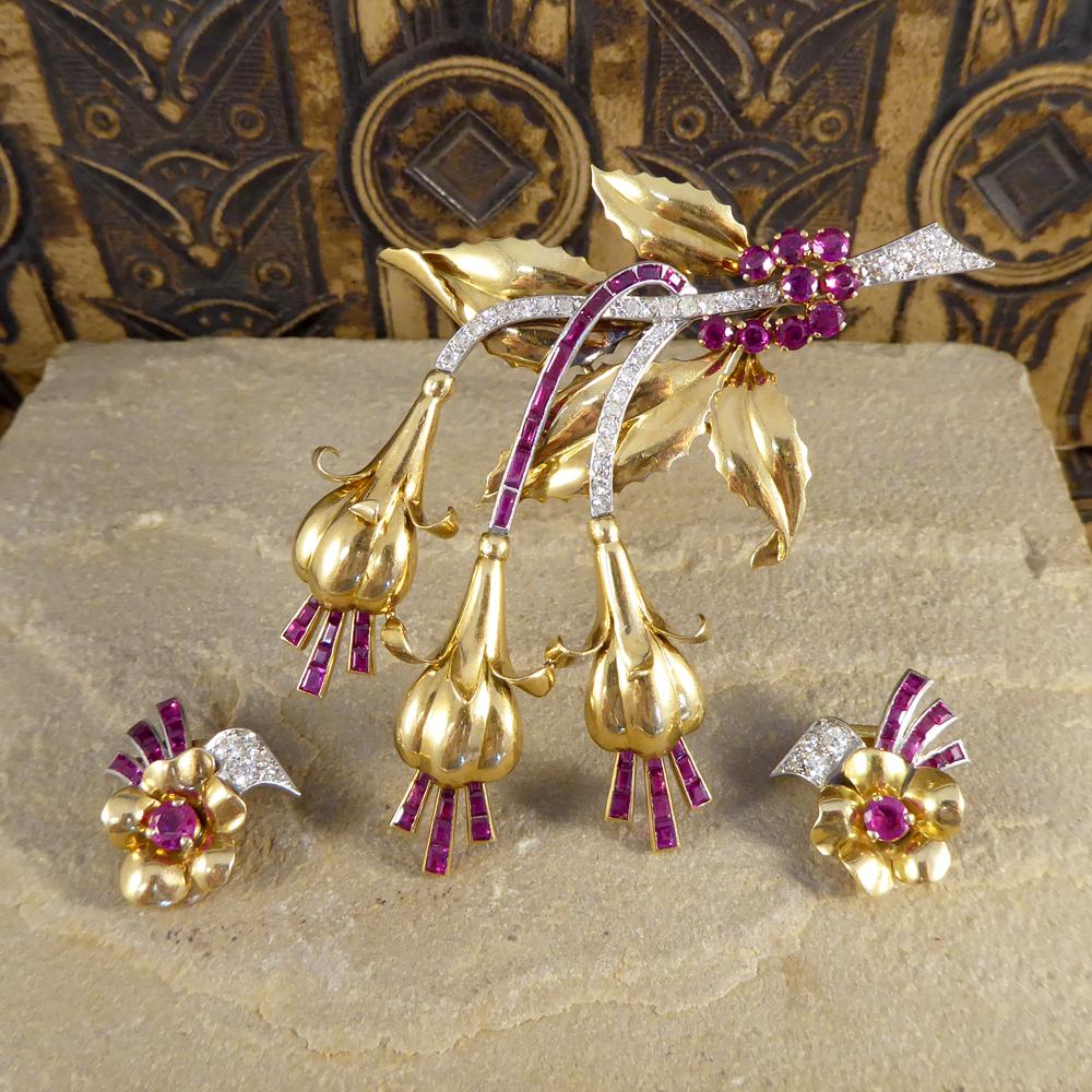 1950s Ruby and Diamond Floral Earring and Pin Set in 18 Carat Yellow Gold 4