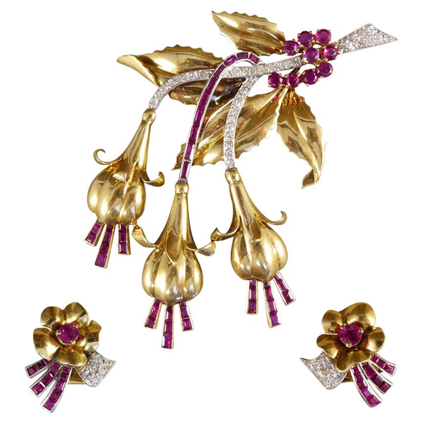 1950s Ruby and Diamond Floral Earring and Pin Set in 18 Carat Yellow Gold