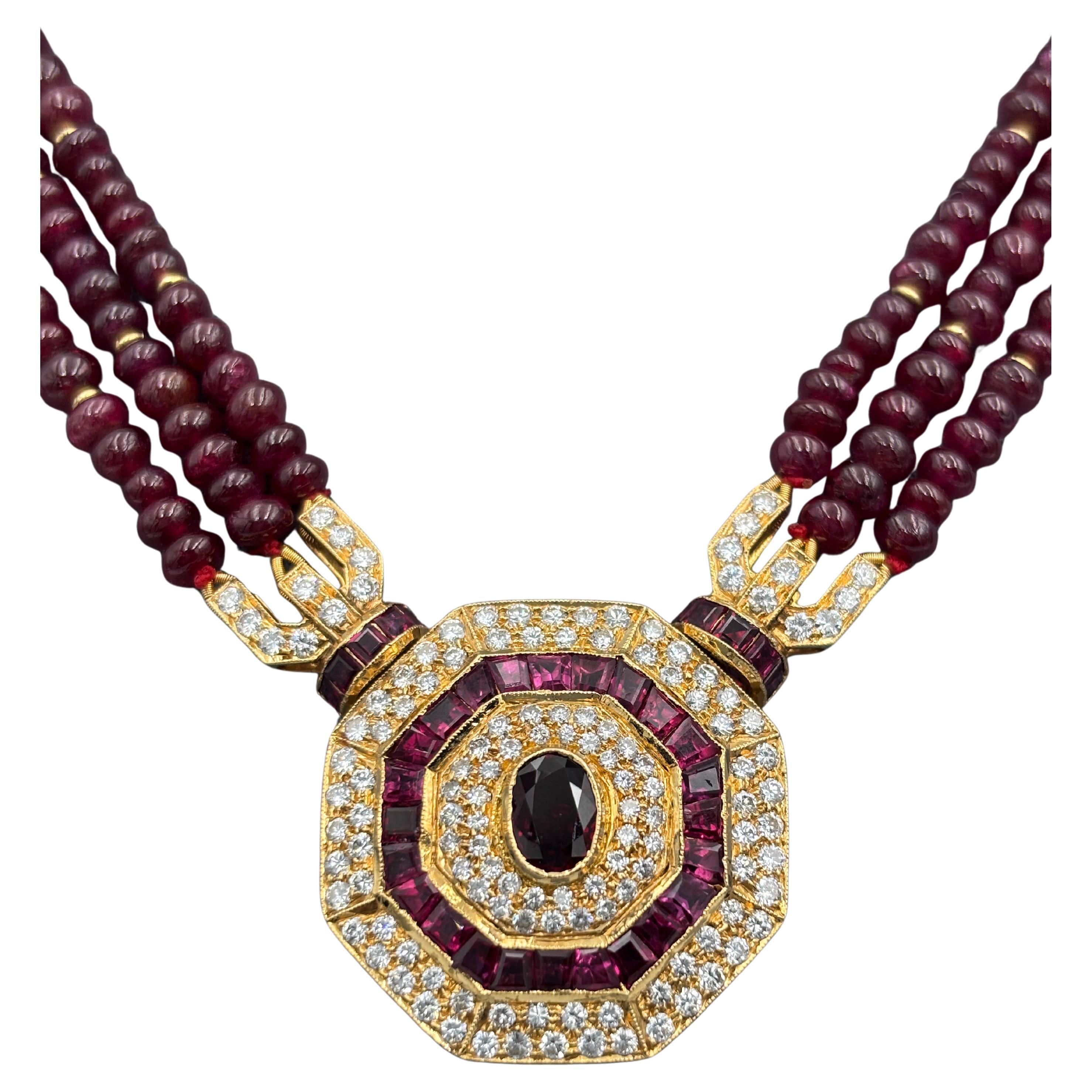 1950's ruby and diamond octagonal necklace For Sale