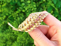 Vintage Ruby and Diamond Yellow Gold Leaf Brooch
