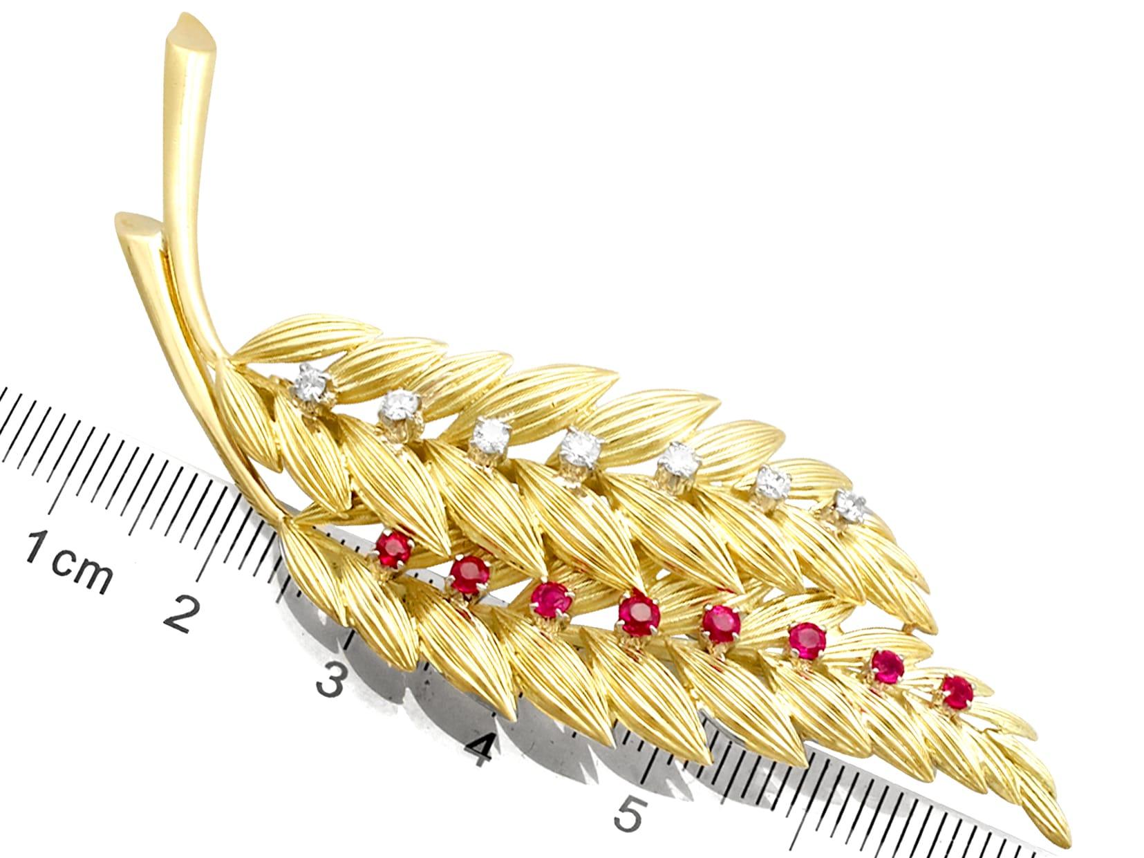 Vintage Ruby and Diamond Yellow Gold Leaf Brooch For Sale 2