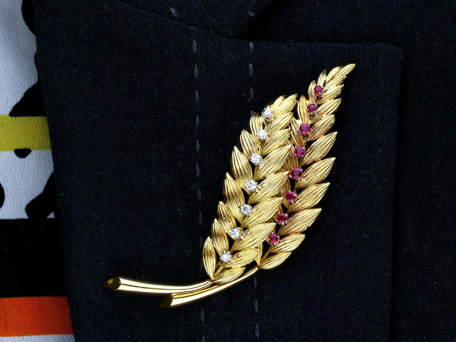 Vintage Ruby and Diamond Yellow Gold Leaf Brooch For Sale 3