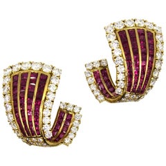 1950s Ruby Diamond 18 Karat Yellow Gold Fluted Earrings