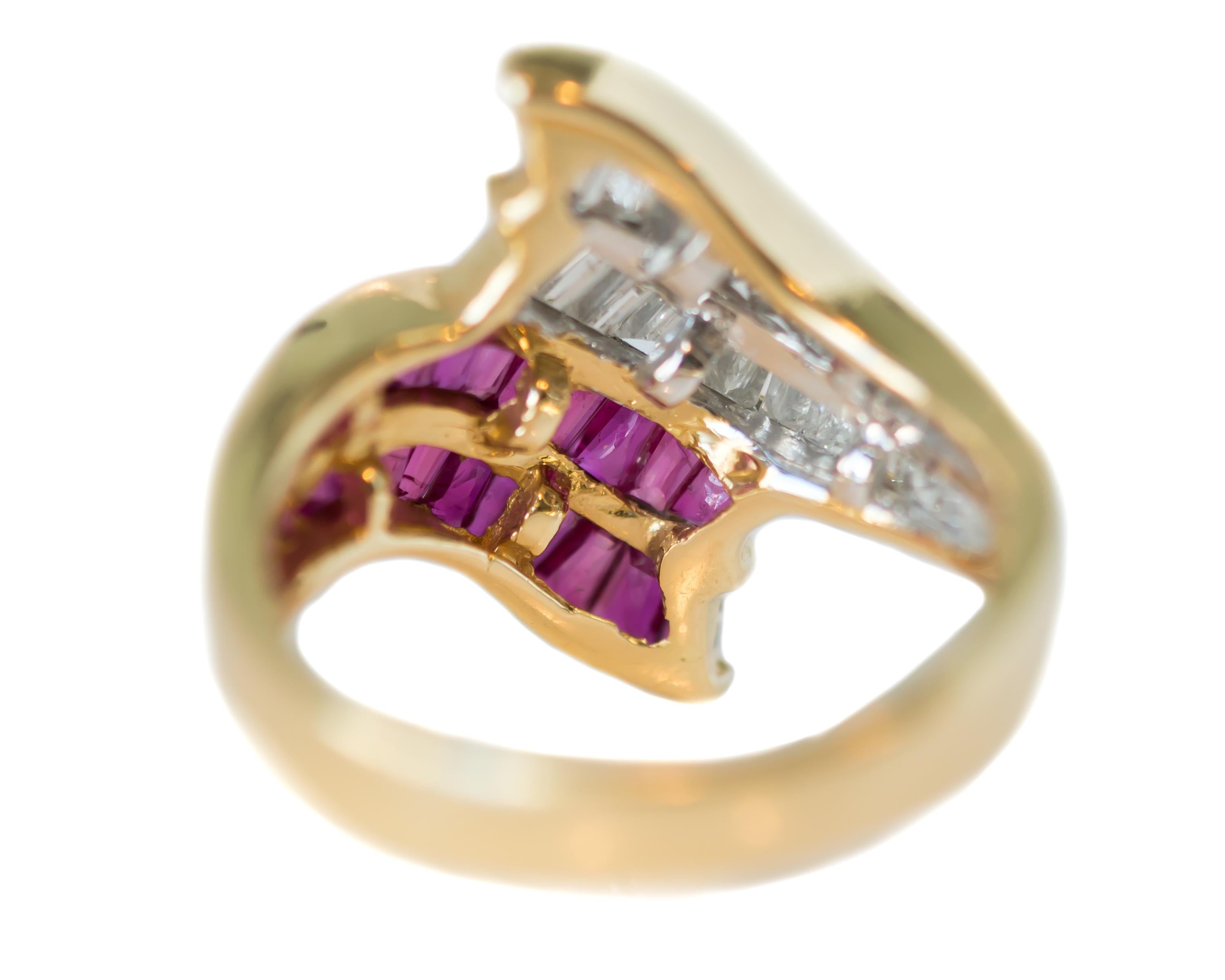 Baguette Cut 1950s Ruby, Diamond and 18 Karat Yellow Gold Bypass Cocktail Ring