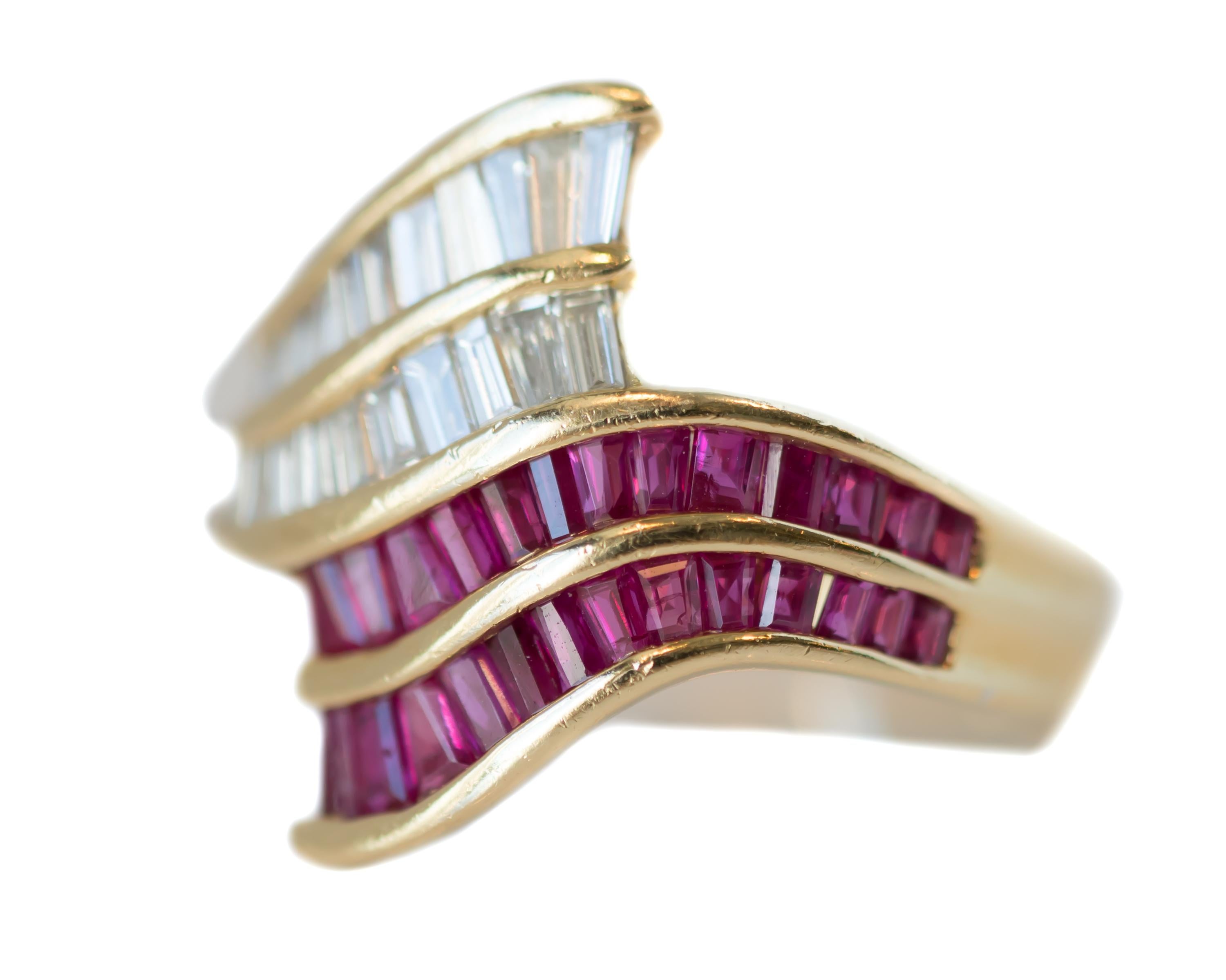 Women's 1950s Ruby, Diamond and 18 Karat Yellow Gold Bypass Cocktail Ring