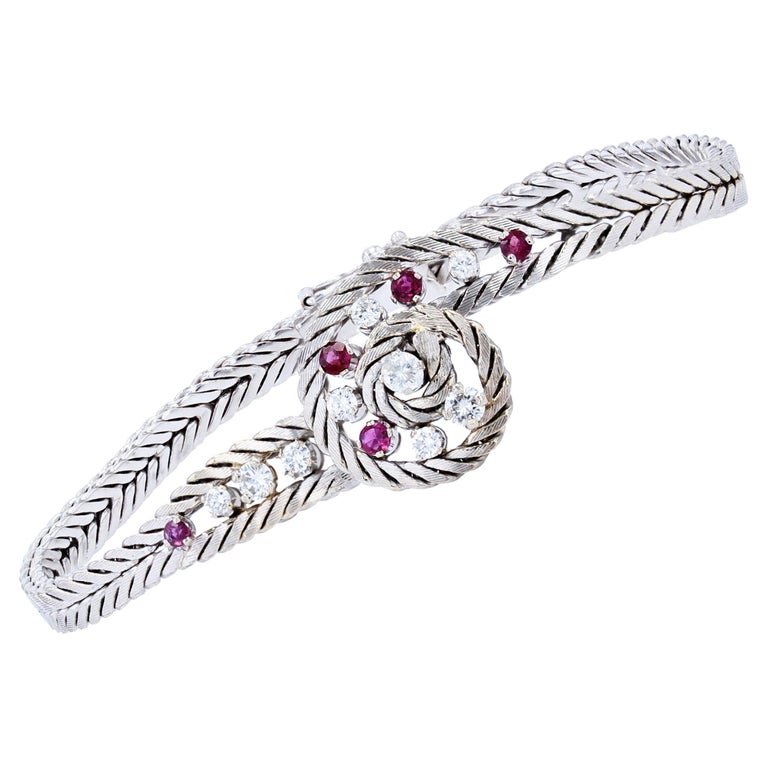 1950s Ruby Diamonds 18 Karat White Gold Retro Bracelet For Sale at 1stDibs