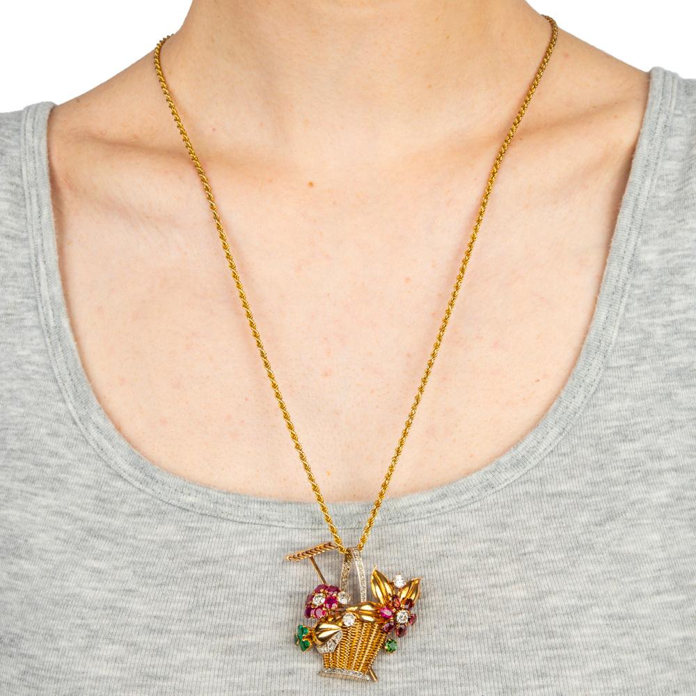 1950s Ruby, Emerald, Tourmaline and Diamond 18k Gold Flower Basket Pin/Pendant For Sale 14