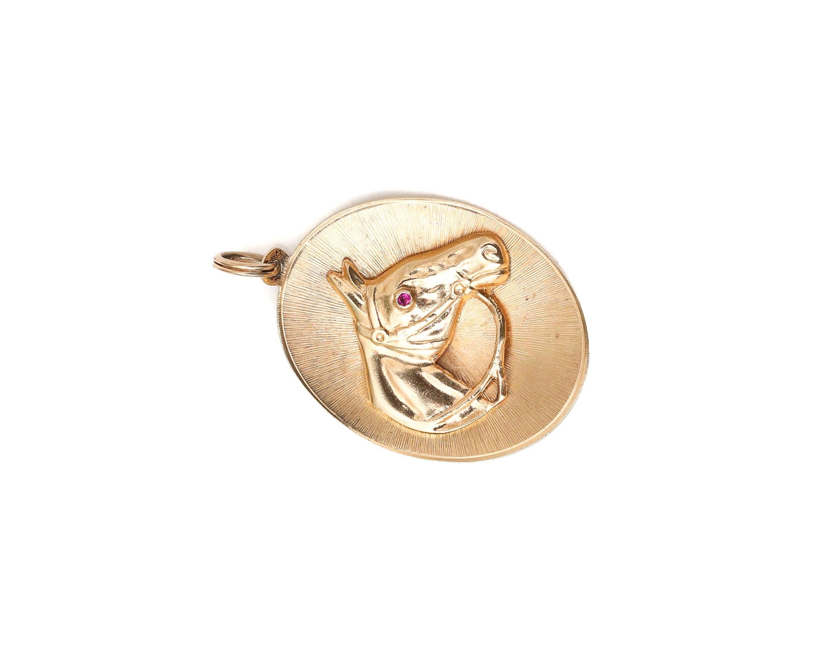 1950s Ruby Eyed Equestrian Horse Charm Pendant in 14 Karat Yellow Gold