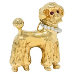 Ciondolo a forma di barboncino vintage in oro giallo 14 carati con perla e rubino degli anni '50