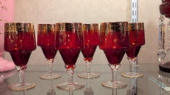 Set of Six Ruby Red Glasses with Gold Overlay, Italian Art Glass