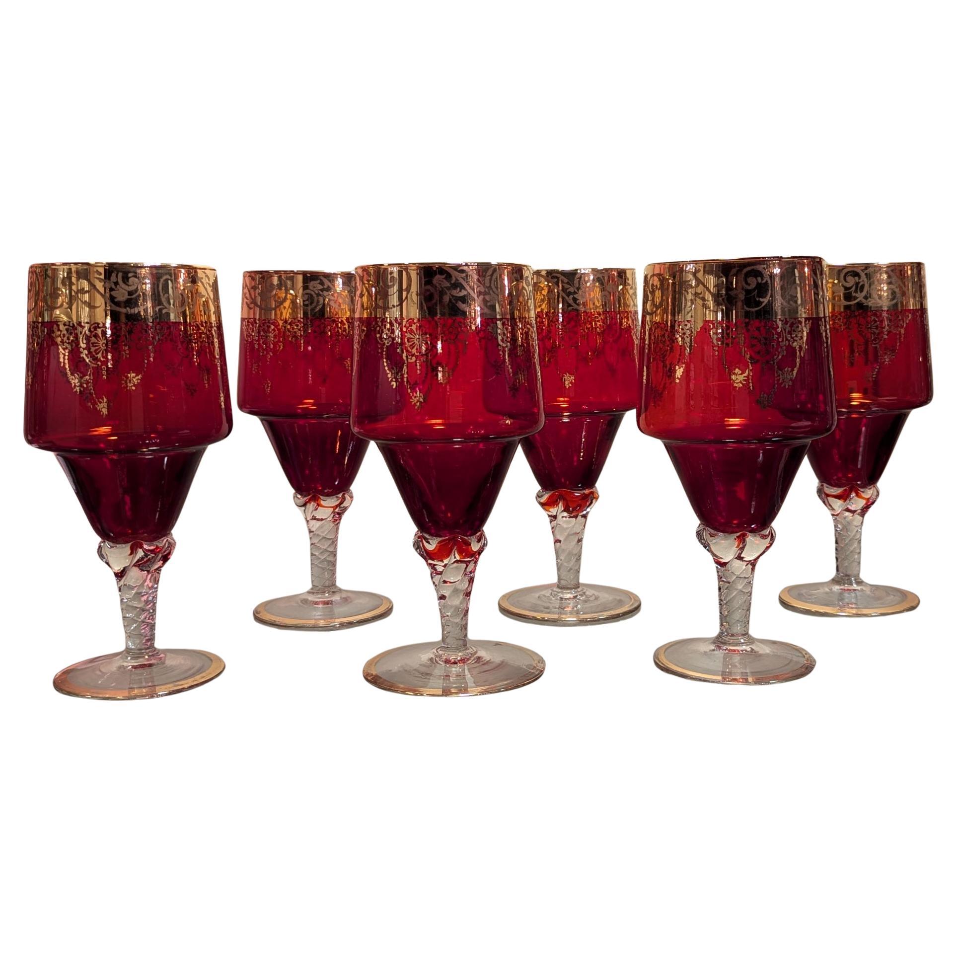 1950s Ruby Red and Gold Glasses- Set of 6