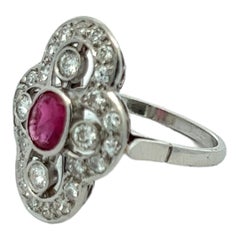 1950s Ruby Round Brilliant Diamond Platinum Vintage Cocktail Ring