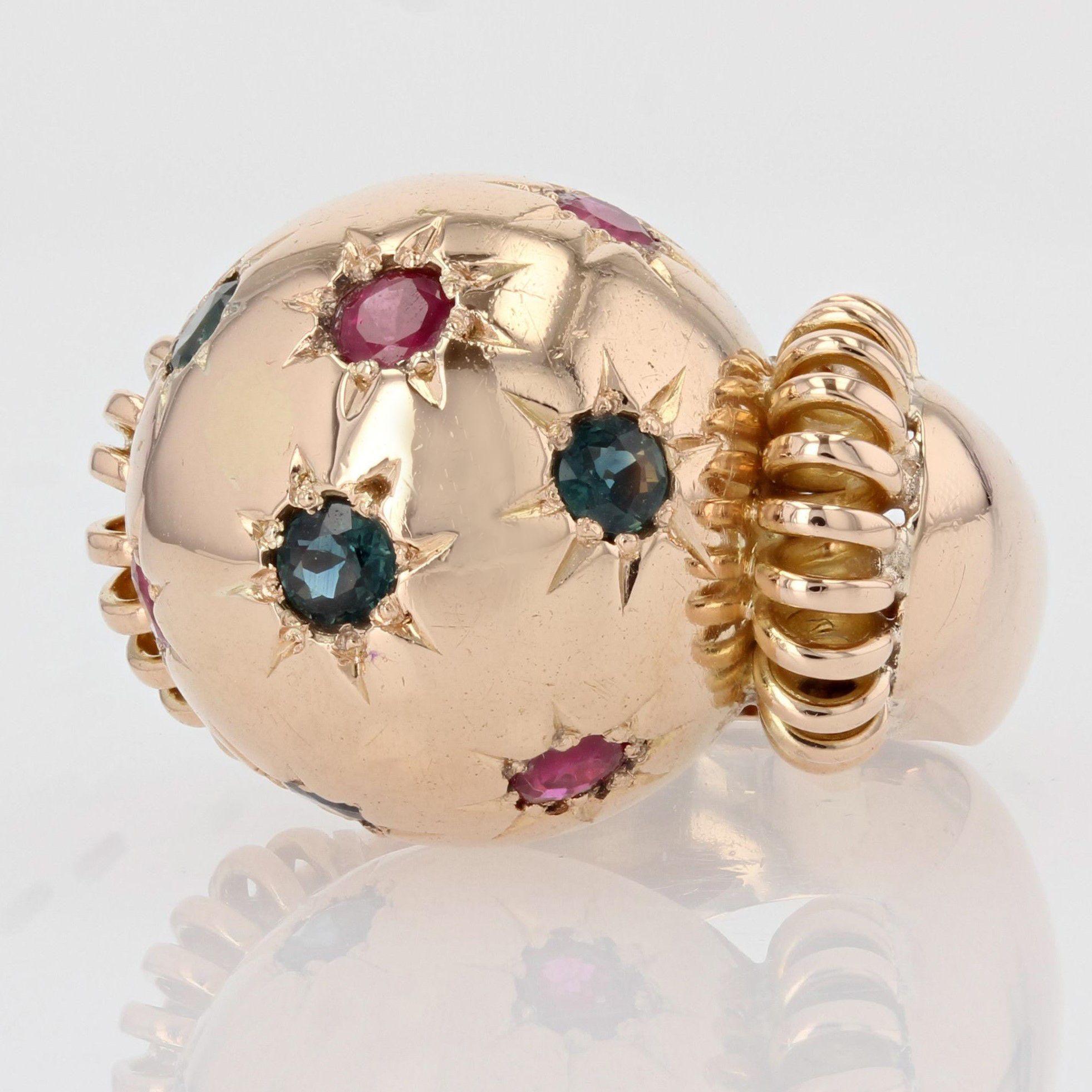 1950s Ruby Sapphire 18 Karat Rose Gold Ball Retro Ring For Sale 4