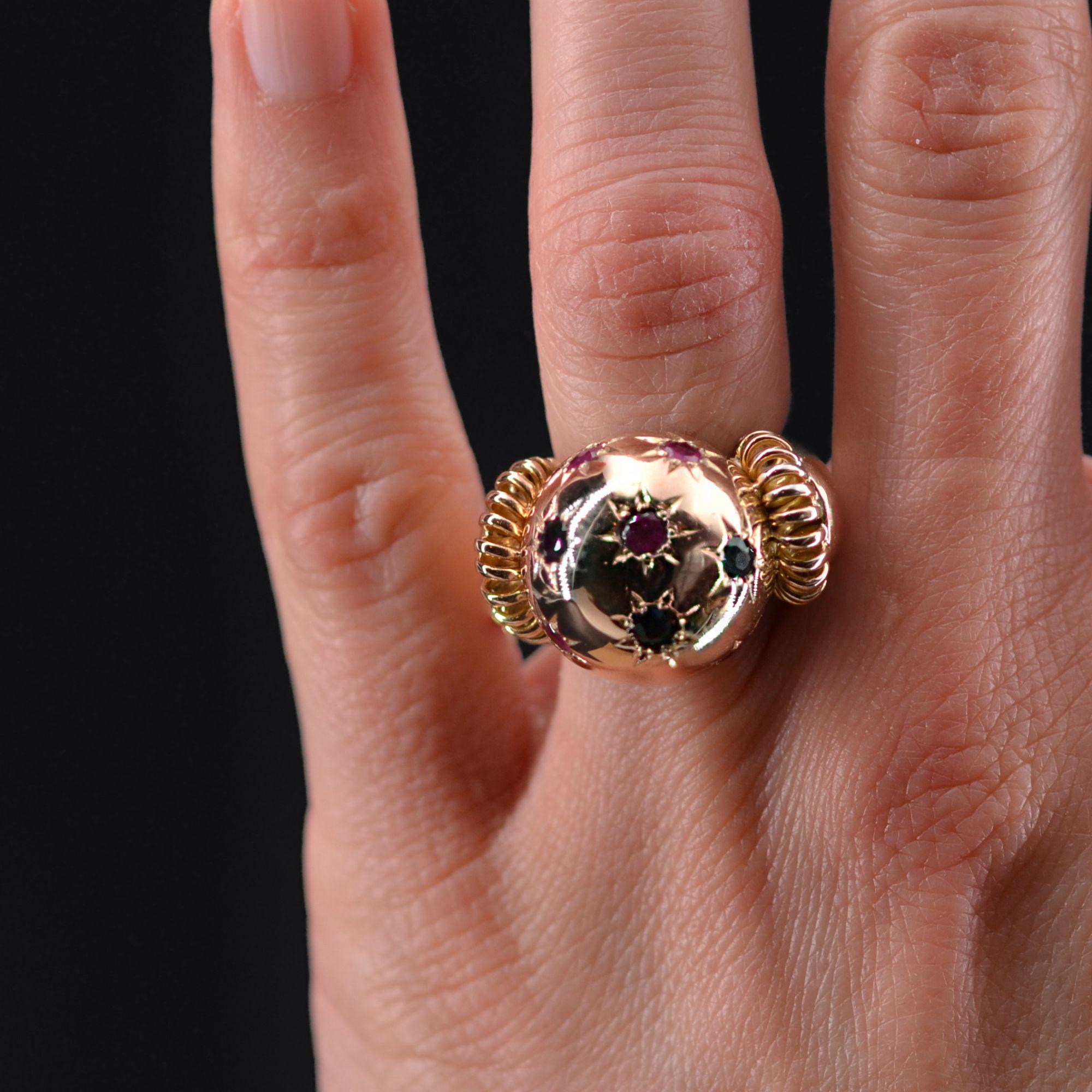 Round Cut 1950s Ruby Sapphire 18 Karat Rose Gold Ball Retro Ring For Sale