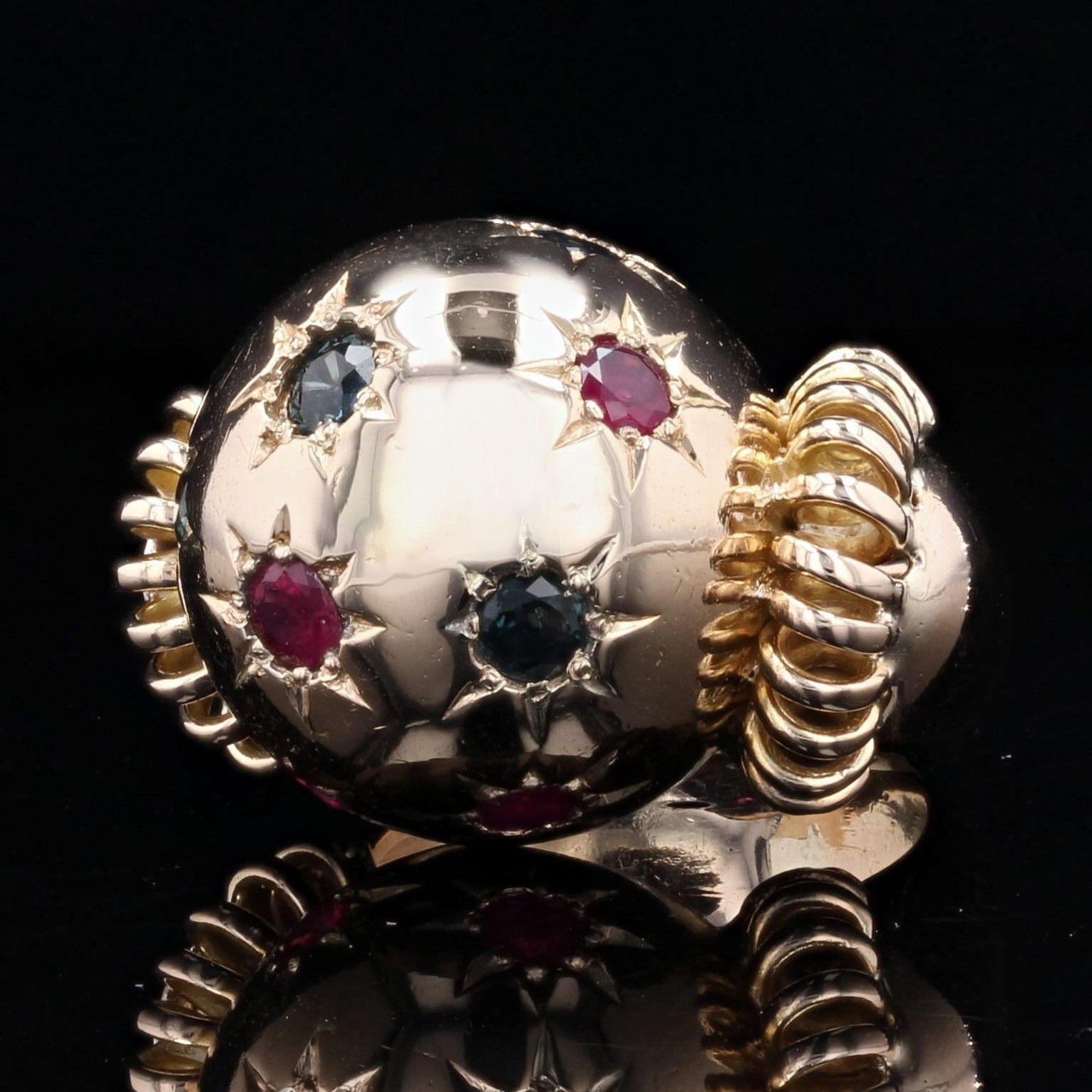 1950s Ruby Sapphire 18 Karat Rose Gold Ball Retro Ring In Good Condition For Sale In Poitiers, FR