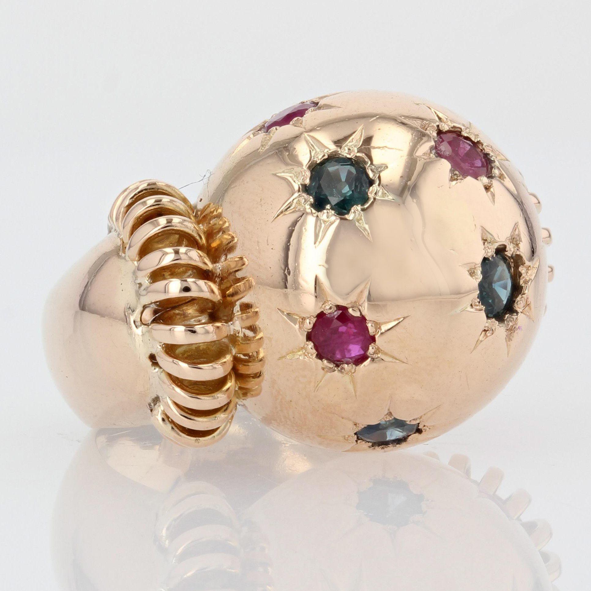Women's or Men's 1950s Ruby Sapphire 18 Karat Rose Gold Ball Retro Ring For Sale