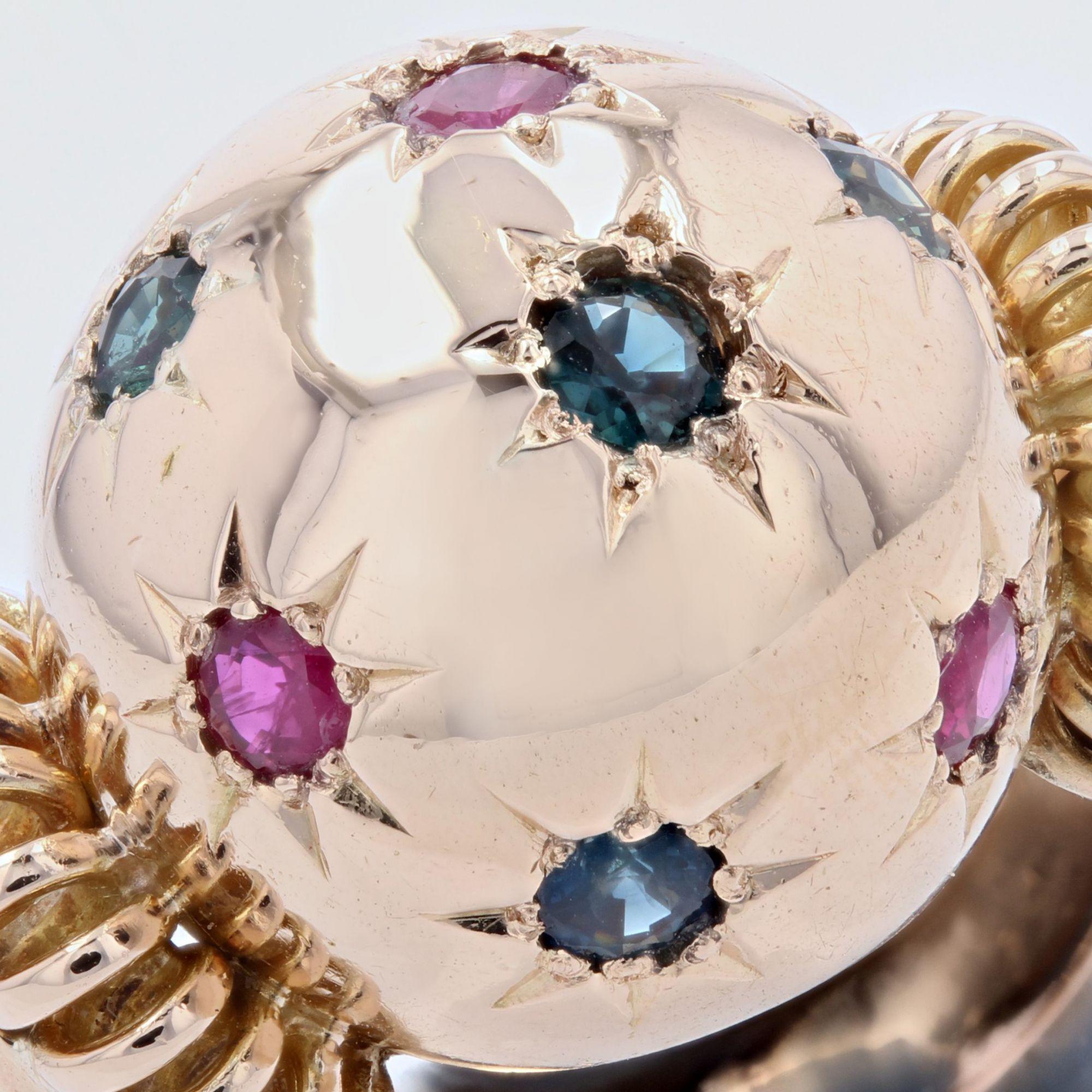 1950s Ruby Sapphire 18 Karat Rose Gold Ball Retro Ring For Sale 1
