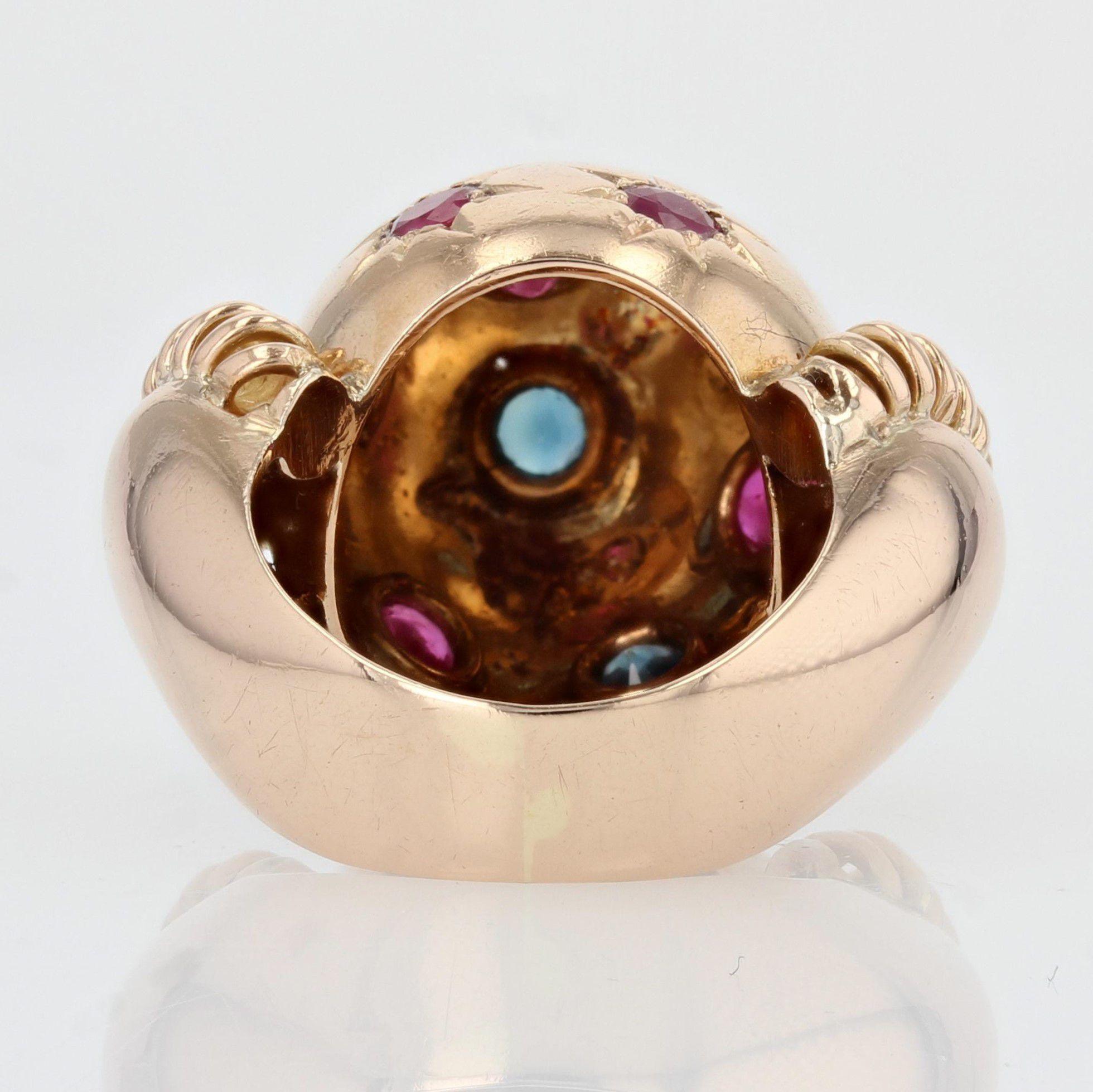 1950s Ruby Sapphire 18 Karat Rose Gold Ball Retro Ring For Sale 2