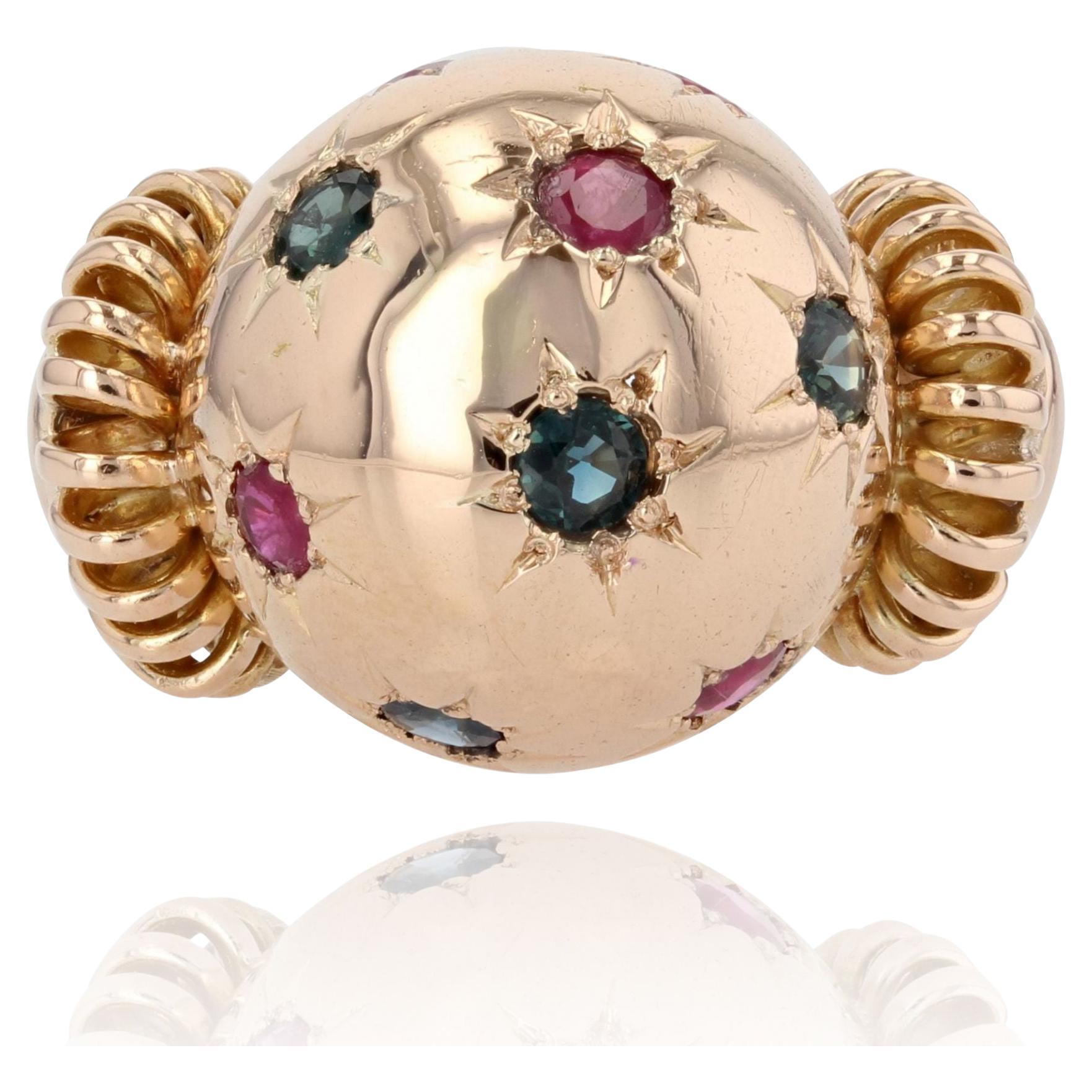 1950s Ruby Sapphire 18 Karat Rose Gold Ball Retro Ring For Sale