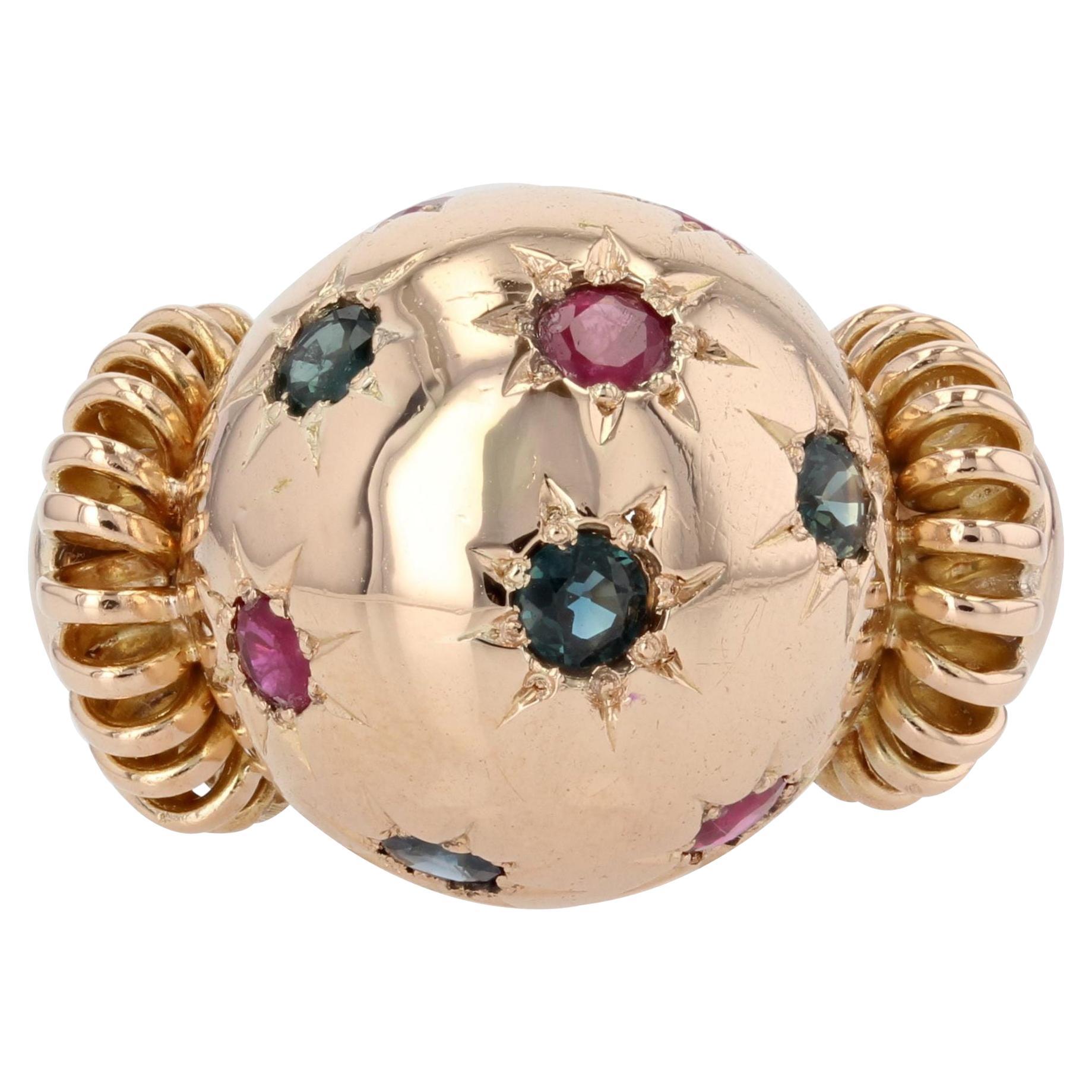 Bague rétro à boule en or rose 18 carats Rubis Saphir des années 1950